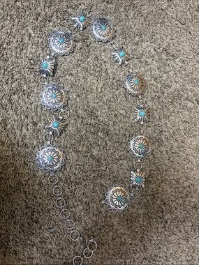 Turquoise Accent Silver Concho Belt Necklace - Women Jewelry